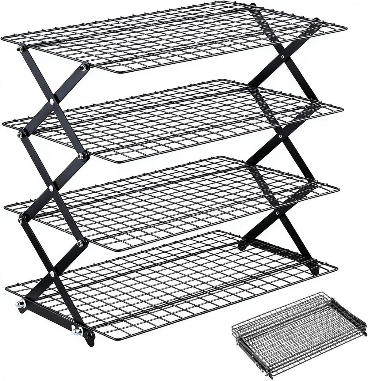4-Tier Collapsible Cooling Rack with 3-Setting Design, Heavy-Duty Steel Baking Rack for Oven Safe Cooking & Space-Saving Storage