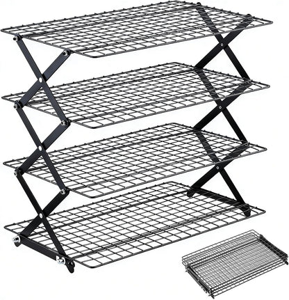 4-Tier Collapsible Cooling Rack with 3-Setting Design, Heavy-Duty Steel Baking Rack for Oven Safe Cooking & Space-Saving Storage