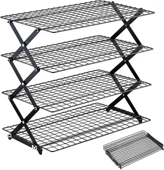 4-Tier Collapsible Cooling Rack with 3-Setting Design, Heavy-Duty Steel Baking Rack for Oven Safe Cooking & Space-Saving Storage