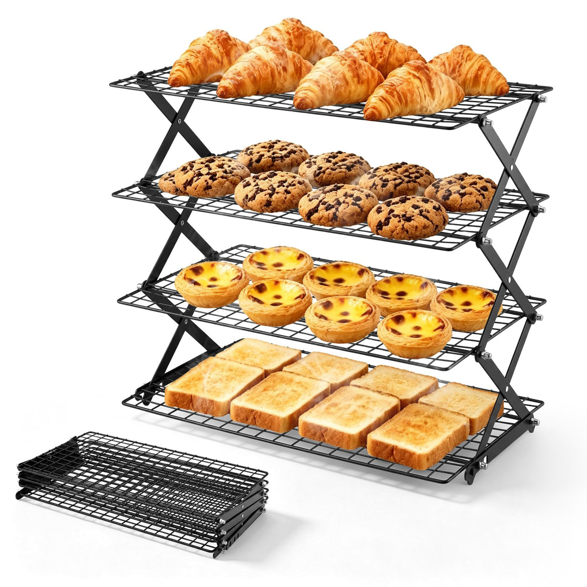 P&P CHEF 4 Tier Collapsible Cooling Racks,Stackable Bakers Rack,Silver