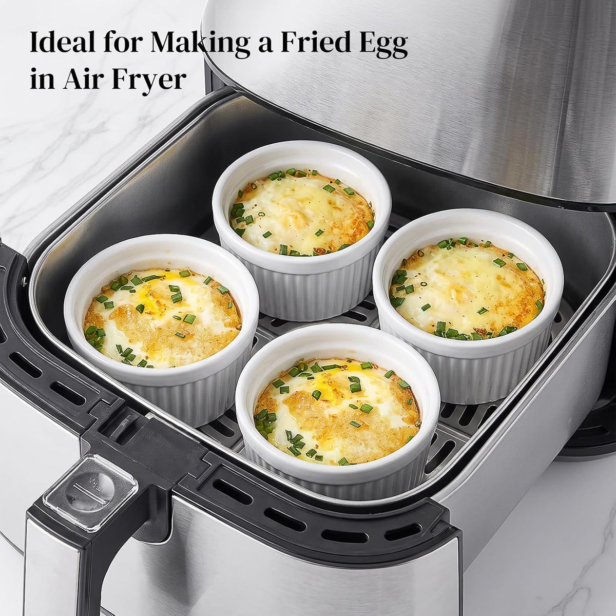 DOWAN 4 oz Ceramic Ramekins Set of 6, Oven Safe Souffle Dishes for Air Fryer Baking, Mini Round Baking Cups for Creme Brulee, Dipping Sauces, Desserts and Prep Bowls, White