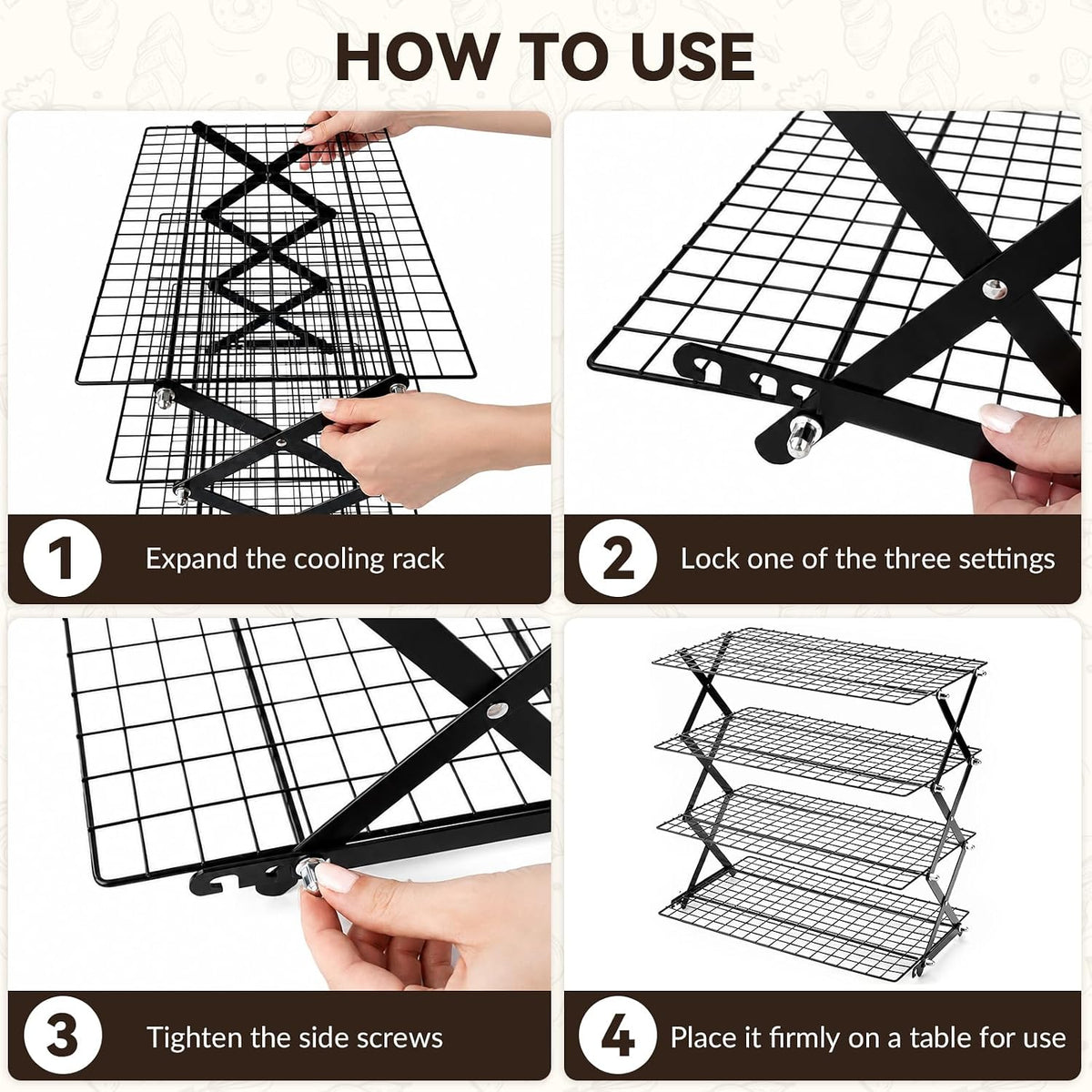 4 Tier Cooling Racks for Cooking and Baking, 15.5"x9.7", Black