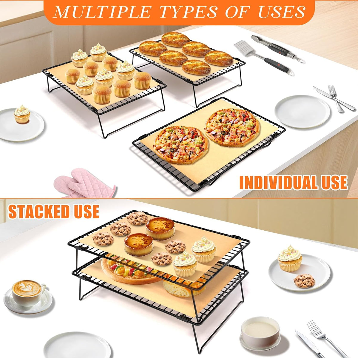 2-Tier Baking Cooling Rack with Legs, 13"x 9" w/50 Parchment Paper