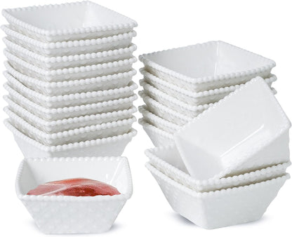 UIBFCWN 20Pack Ceramic Dip Bowls Set, 2.3oz White Dipping Sauce Bowls/Dishes for Tomato Sauce, Soy Sauce Dish, Square Side Dishes, Mini Appetizer Plates for Condiment