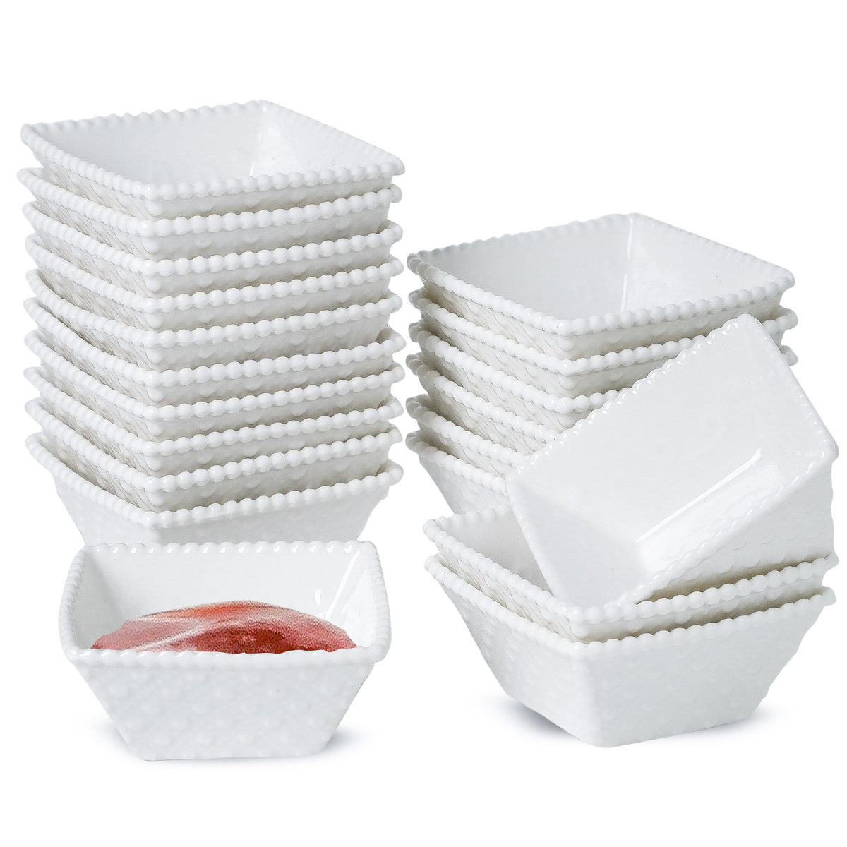 UIBFCWN 20Pack Ceramic Dip Bowls Set, 2.3oz White Dipping Sauce Bowls/Dishes for Tomato Sauce, Soy Sauce Dish, Square Side Dishes, Mini Appetizer Plates for Condiment