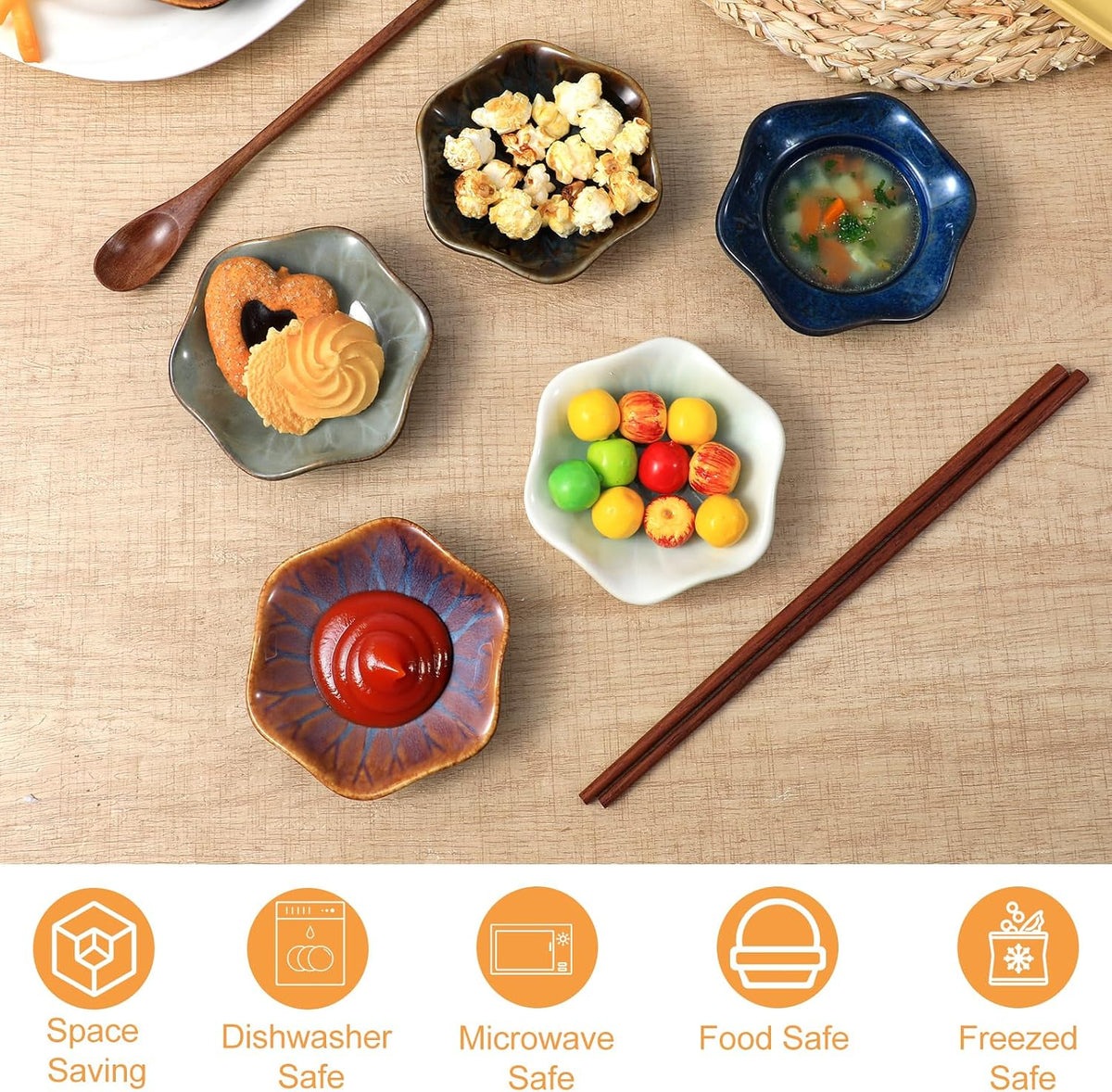 12 Pack Ceramic Dipping Bowls, 3.9 Inch Multicolor Reactive Glaze Soy Sauce Dishes for Sushi Condiments, Tomato, Flower Design, Dishwasher Safe
