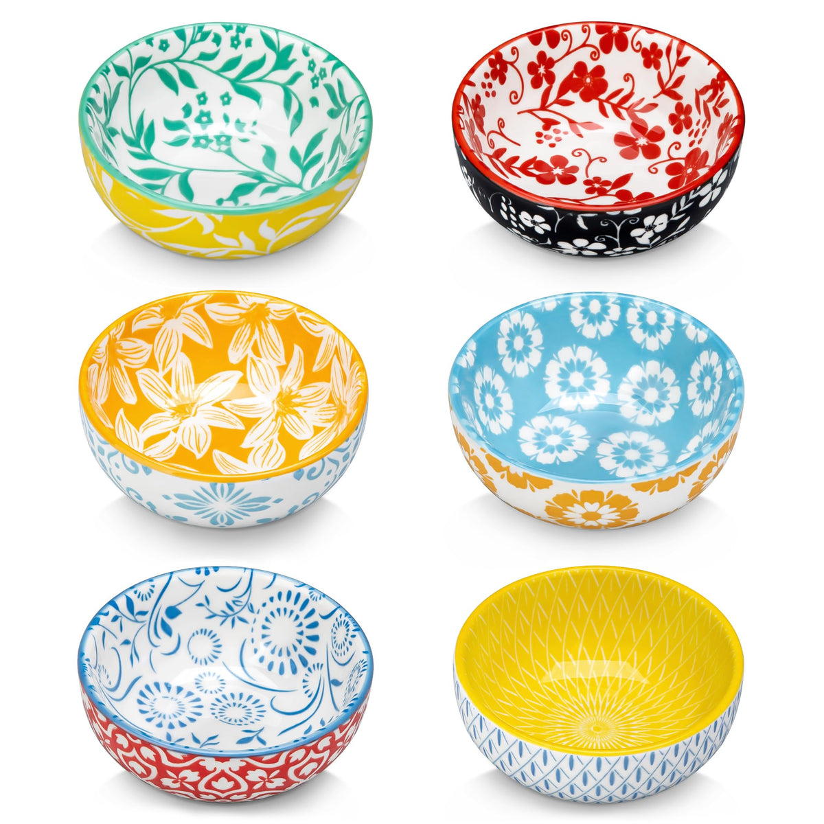 vancasso 2.7 Oz Ceramic Mini Dipping Bowls Set of 6, 3 Inch Small Dip Bowls for Sauce, Soy Sauce, Sushi, Condiments & Side Dishes, Chinoiserie Floral Style, Microwave & Dishwasher Safe, SELENE Series