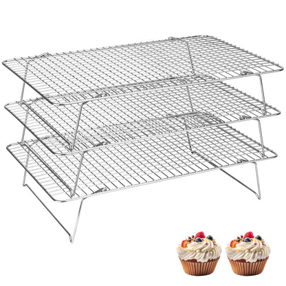 Pleafind Stackable Cooling Rack Set - 3 Pieces 16 x 10 Inch Stainless Steel Roasting Rack, Heavy Duty Cooling Racks for Cooking and Baking, Oven and Dishwasher Safe Bacon Rack, Black