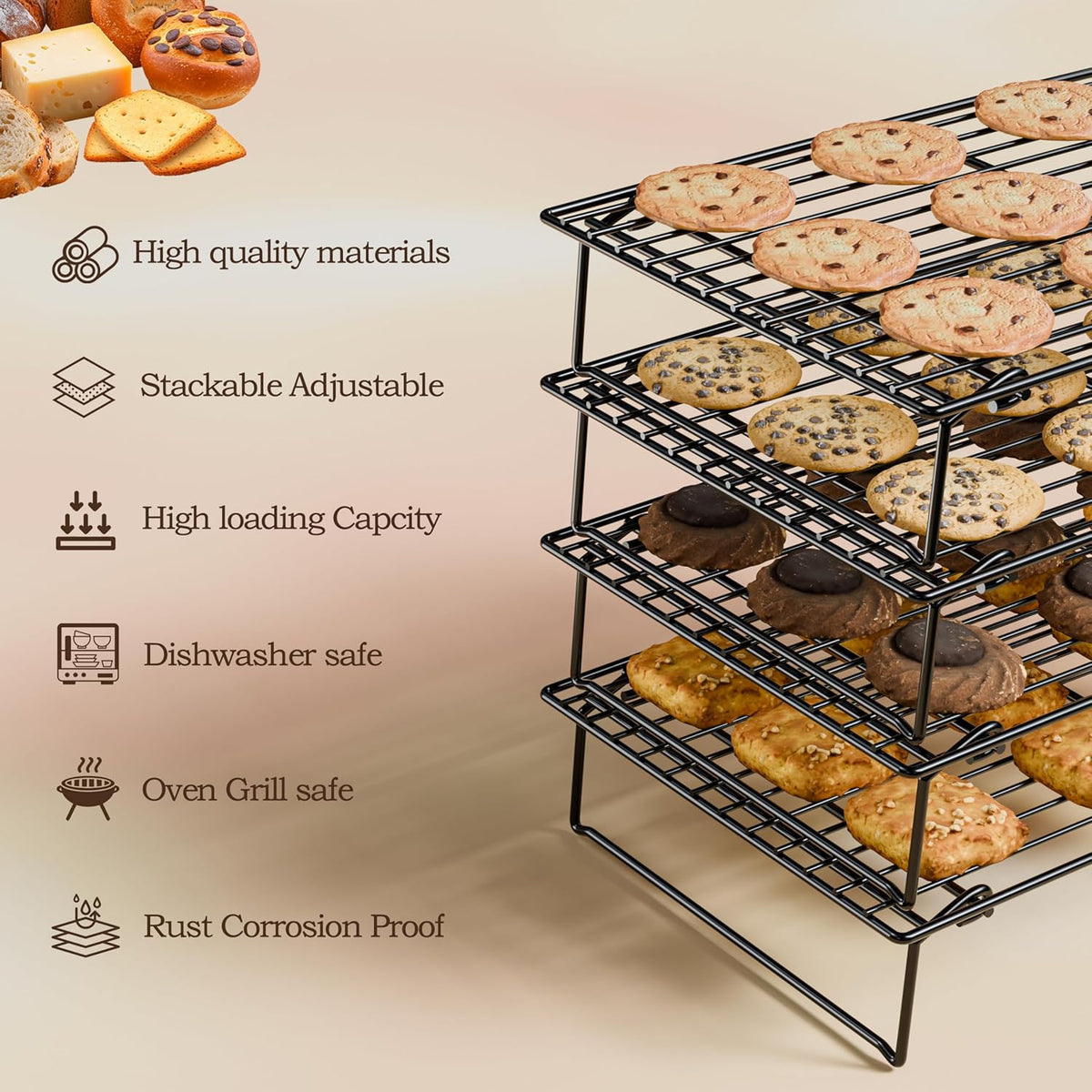 4PCS Cooling Racks for Cooking and Baking, Collapsible 4 Tiers 10"X16" Cool Batches of Cookies, Non-Stick & BPA-Free, Oven and Dishwasher Safe (Black-202)