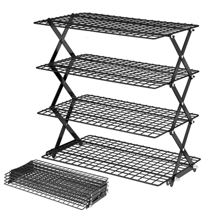 BEWOS 4 Tier Collapsible Cooling Rack - Adjustable Stainless Steel Baking Rack with Leak-Proof Mesh, X-Shaped Structure Cooling Rack for Cooking and Baking, Dishwasher Safe