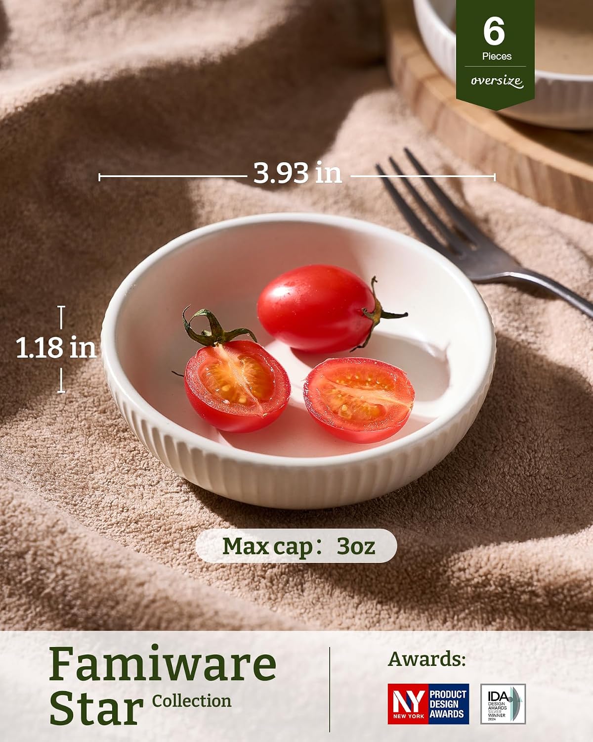 famiware Ceramic Soy Sauce Dish, 3oz Dipping Bowls Set of 6, Matte White