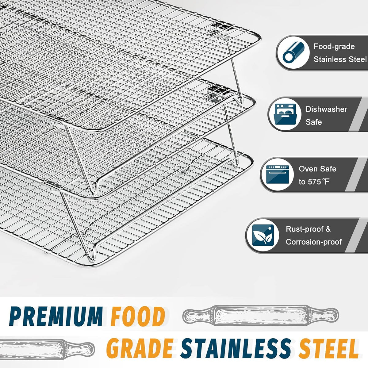 HIWARE Oven-Salf Collapsible Cooling Rack for Baking, 3 Tier 12”x 16.5”, Stainless Steel and Fit Half Sheet, Stackable Wire Cooling Racks for Cookie, Pizza, Cake