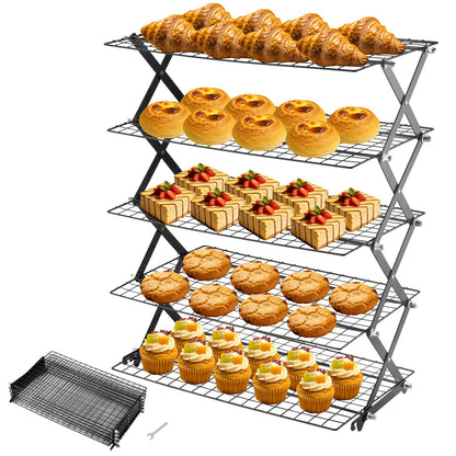 3-Tier Stackable Cooling Rack for Baking, Collapsible Wire Cookie Rack with Adjustable Heights, Non-Stick Roasting & Drying Rack for Cupcakes, Pies and Pastries, Space-Saving Kitchen Essential