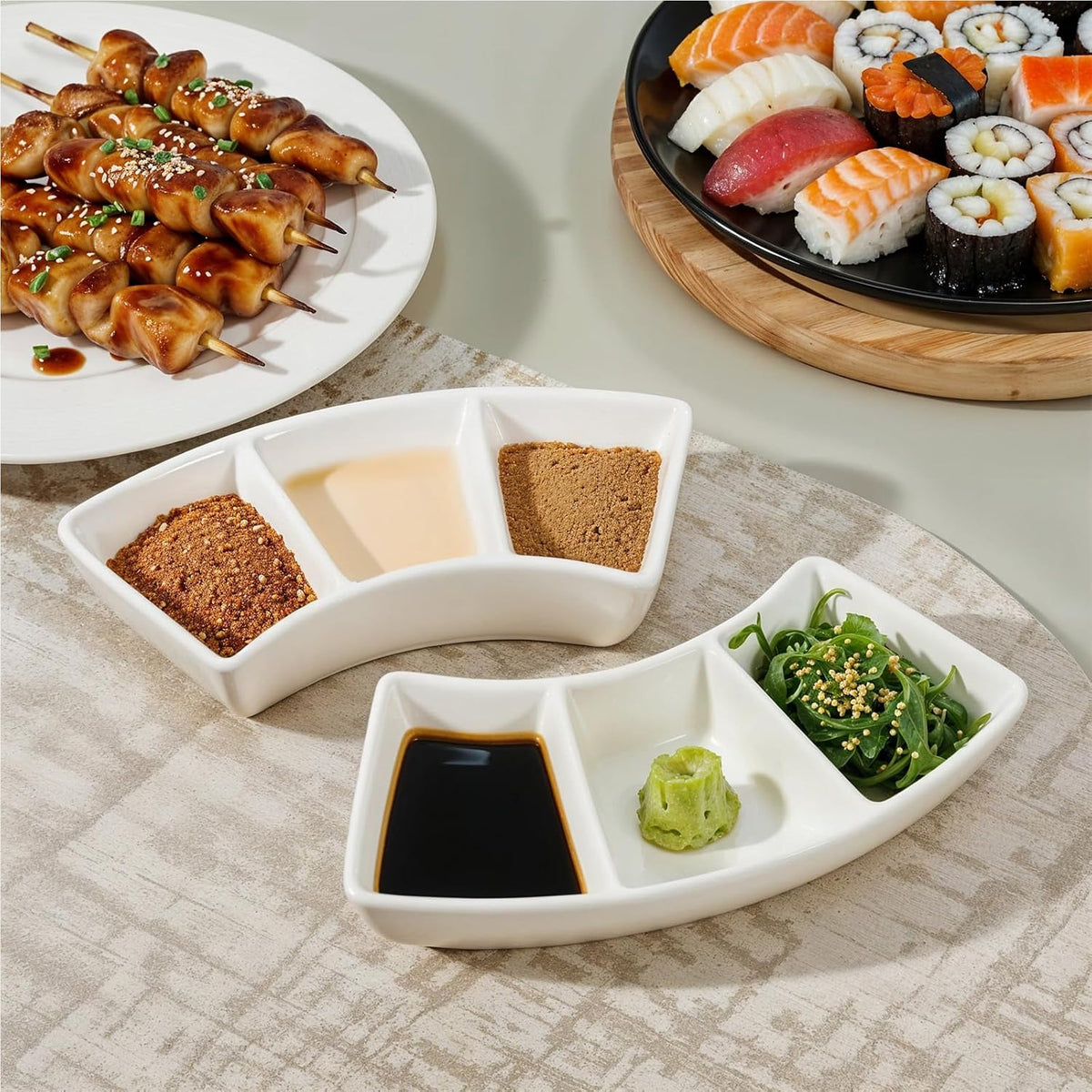 6 Pcs Ceramic Serving Bowls, 3 Compartment Dipping Sauce Dishes for Appetizers, Snacks, Fruit, Candy, Veggies, 5.9 x 1.4 Inches, White