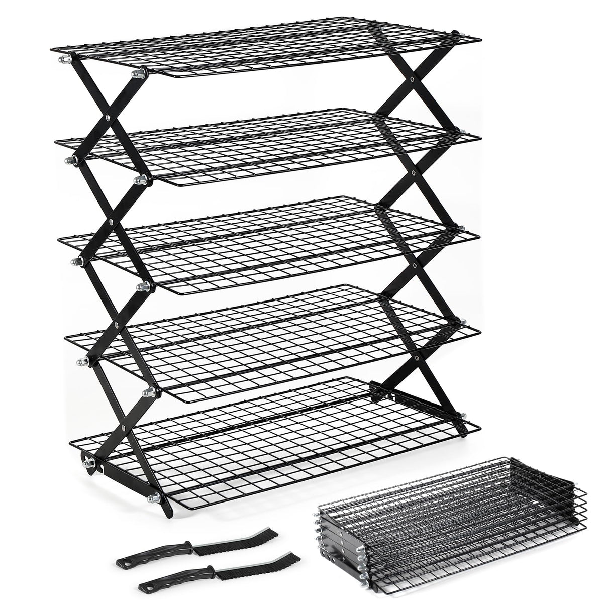6 Tier Upgraded Collapsible Cooling Rack with Adjustable 3 Setting Design, Stackable Baking Rack with Clean Brush, Roasting Cooking Drying Wire Cooling Rack for Cookies Baking Roasting ＆ Grilling