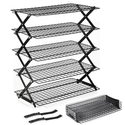 6 Tier Upgraded Collapsible Cooling Rack with Adjustable 3 Setting Design, Stackable Baking Rack with Clean Brush, Roasting Cooking Drying Wire Cooling Rack for Cookies Baking Roasting ＆ Grilling