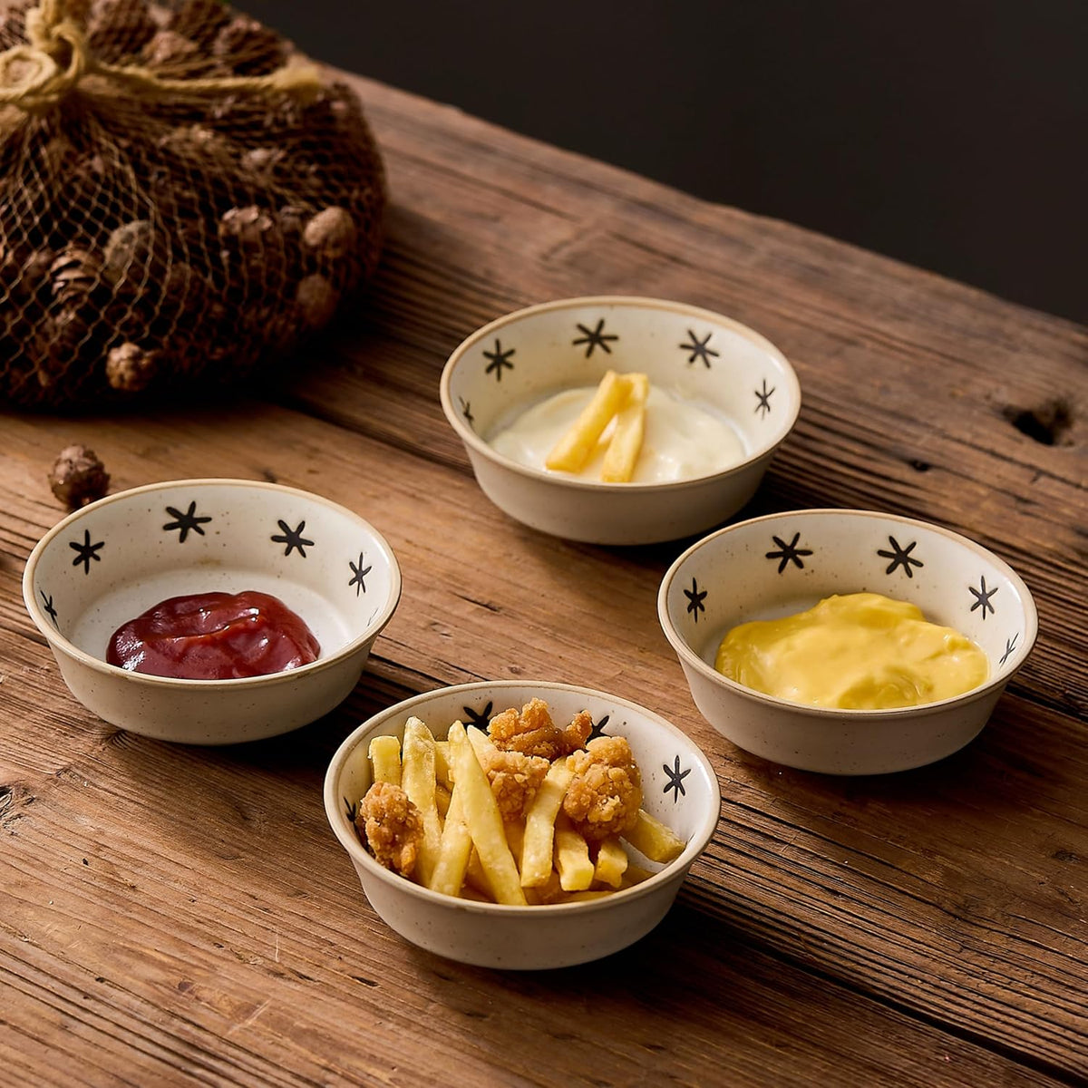 Stoneware Dipping Sauce Side Dishes Set of 4-3.7" Rustic Condiment Bowls - Handcrafted Ceramic Appetizer Plates for Sushi Soy, Charcuterie,Snack, Cheese Boards(Moon)