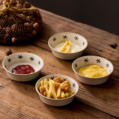 Stoneware Dipping Sauce Side Dishes Set of 4-3.7" Rustic Condiment Bowls - Handcrafted Ceramic Appetizer Plates for Sushi Soy, Charcuterie,Snack, Cheese Boards(Moon)