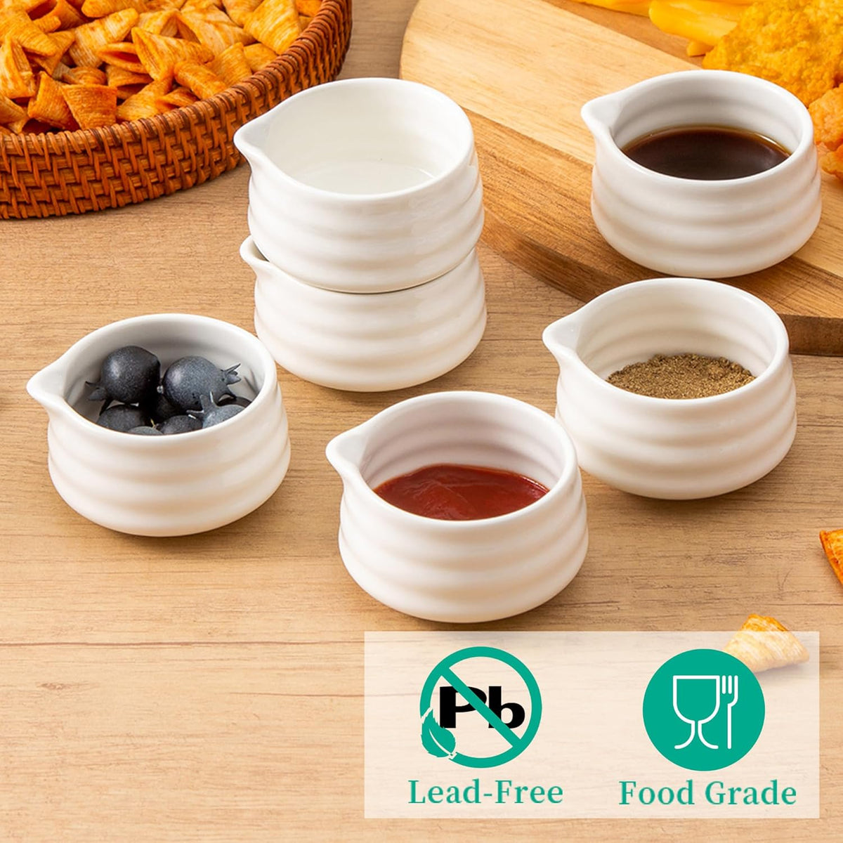 Ceramic Small Sauce Bowls with Spout, White, 3OZ, Set of 6