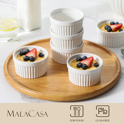 MALACASA Ramekins 4 oz Oven Safe, Porcelain, Set of 6, White