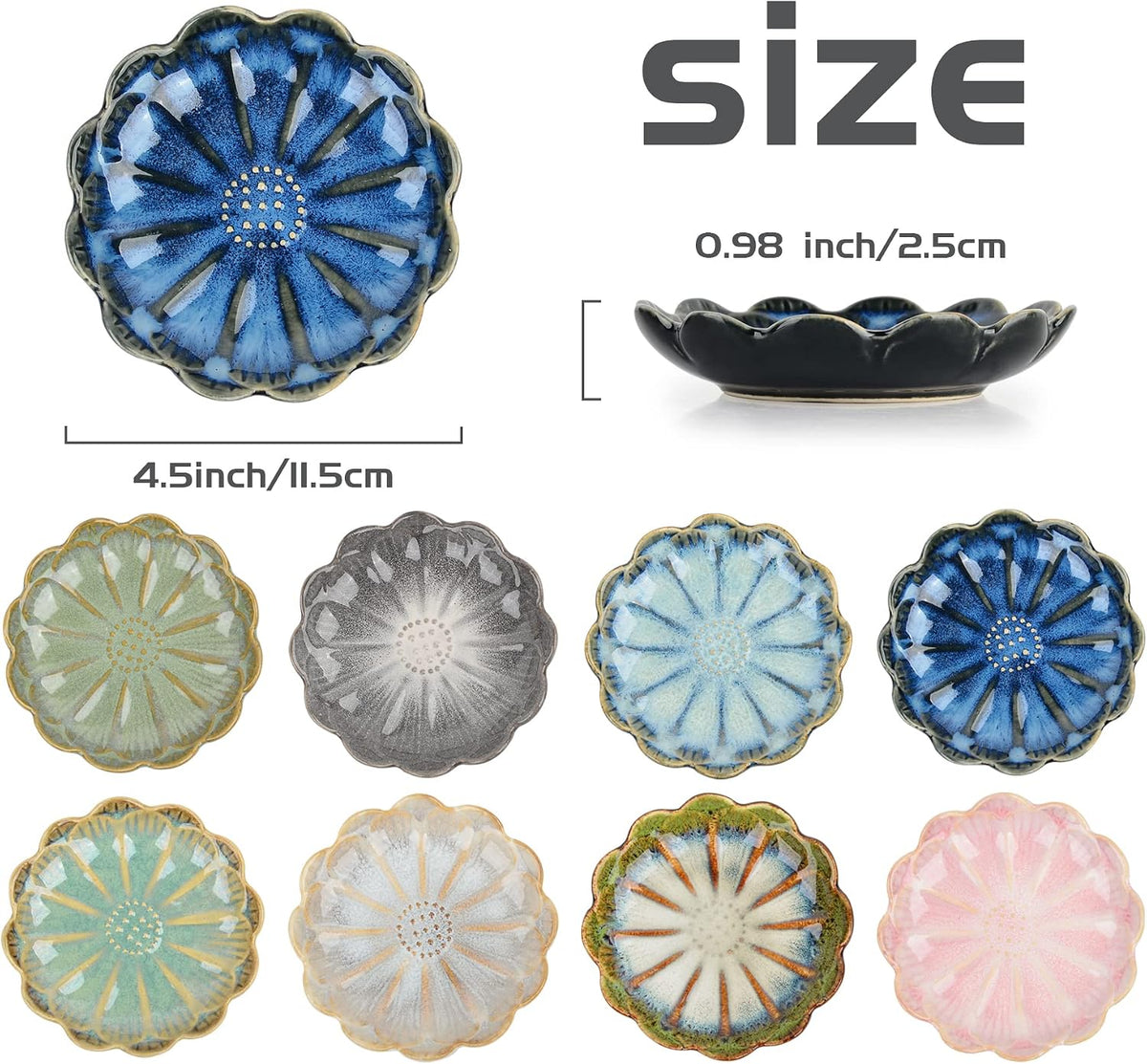 Ceramic Dipping Bowls Set of 8, 3 oz Sauce Cups, Chrysanthemum Round Small Side Dish for Sushi, Tomato, Soy Sauce, Condiment Finger Bowls