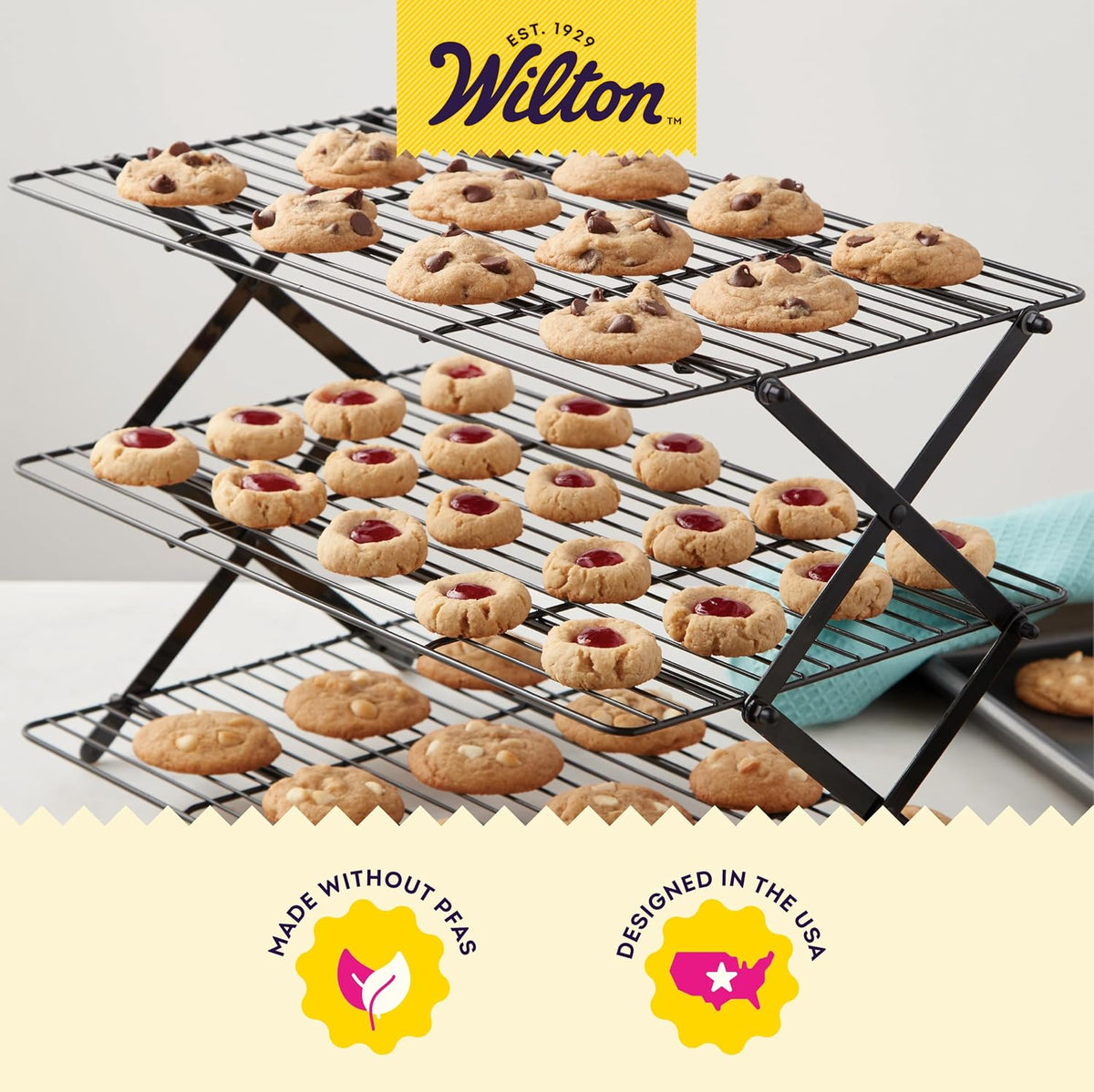 Wilton Gold Premium Non-Stick Warp-Resistant Bakeware, Made without PFAs, 3-tier Cooling Rack, Packaging May Vary