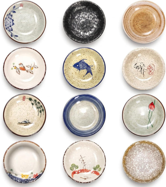 12 Pcs Japanese Sauce Dishes, 2 Oz Round Ceramic Dipping Bowl Set, Small Ceramic Soy Sauce Dish, Condiment Plates for Sushi, Appetizers, Snacks and Kitchen Use (Assorted Colorful)