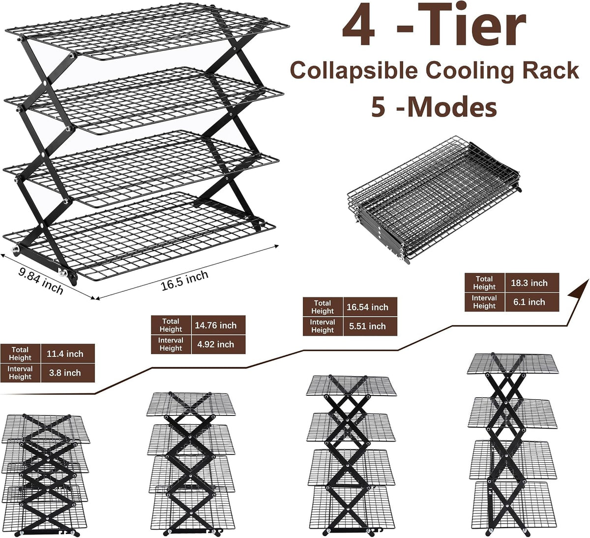 Pleafind 2/3/4-Tier Collapsible Cooling Rack - 3 Setting Design, Adjustable ＆ Stackable Baking Rack, 5 Modes Cooling Racks for Cooking and Baking, Roasting ＆ Grilling Gifts for Picnic Party