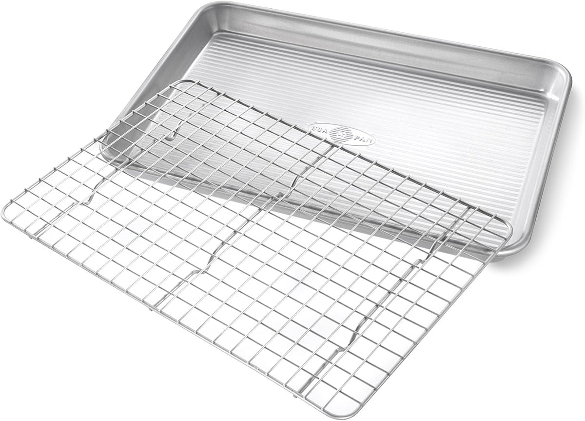 USA Pan Bakeware Quarter Sheet Baking Pan and Bakeable Nonstick Cooling Rack Set, Metal