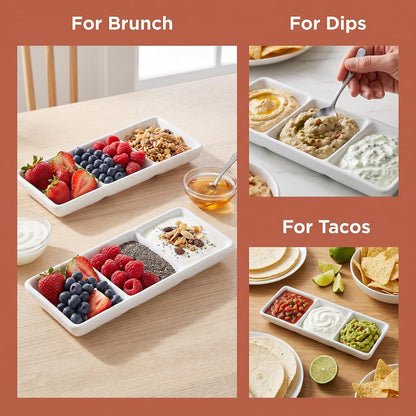 DOITOOL 2Pcs Ceramic Serving Platters, 3 Compartment Appetizer Serving Trays Snack Dishes, White Rectangular Divided Sauce Dishes for Home Restaurant Kitchen