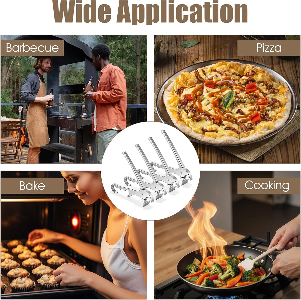4 Pack Pizza Pan Gripper, Aluminum Hot Plate Grabber Clip for Safe Handling, 7.7 Inch Long Ergonomic Oven Mitt Alternative, Camping Cooking Tools for Baking Dishes, Microwave, and Serving