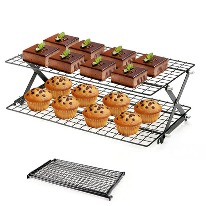 2-Tier Collapsible Cooling Racks, Detachable Wire Cooling Rack Stackable Drying Rack for Cookie Bread Pizza Baking, Fruits, Snacks Perfect for Outdoor Camping