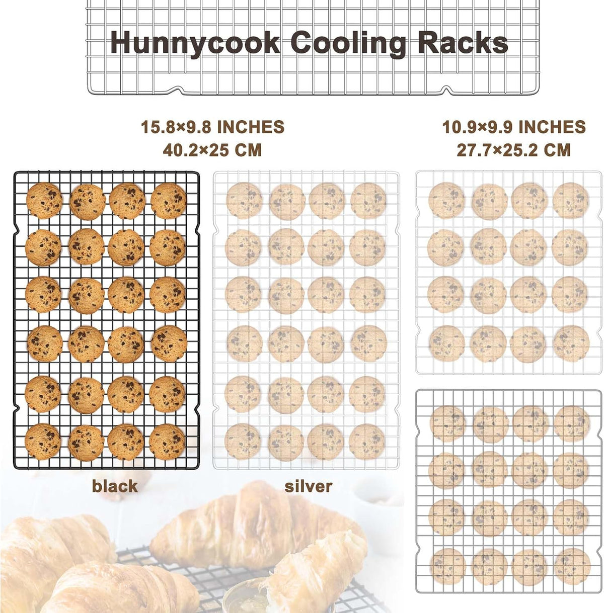 Hunnycook 15.8”×9.8” Cooling Rack, 3P Stainless Steel Baking Rack, Oven Safe Cooling Racks for Cooking and Baking, Black Roasting Rack & Wire Rack & Cookie Cooling Rack for Roasting, Grilling, Drying