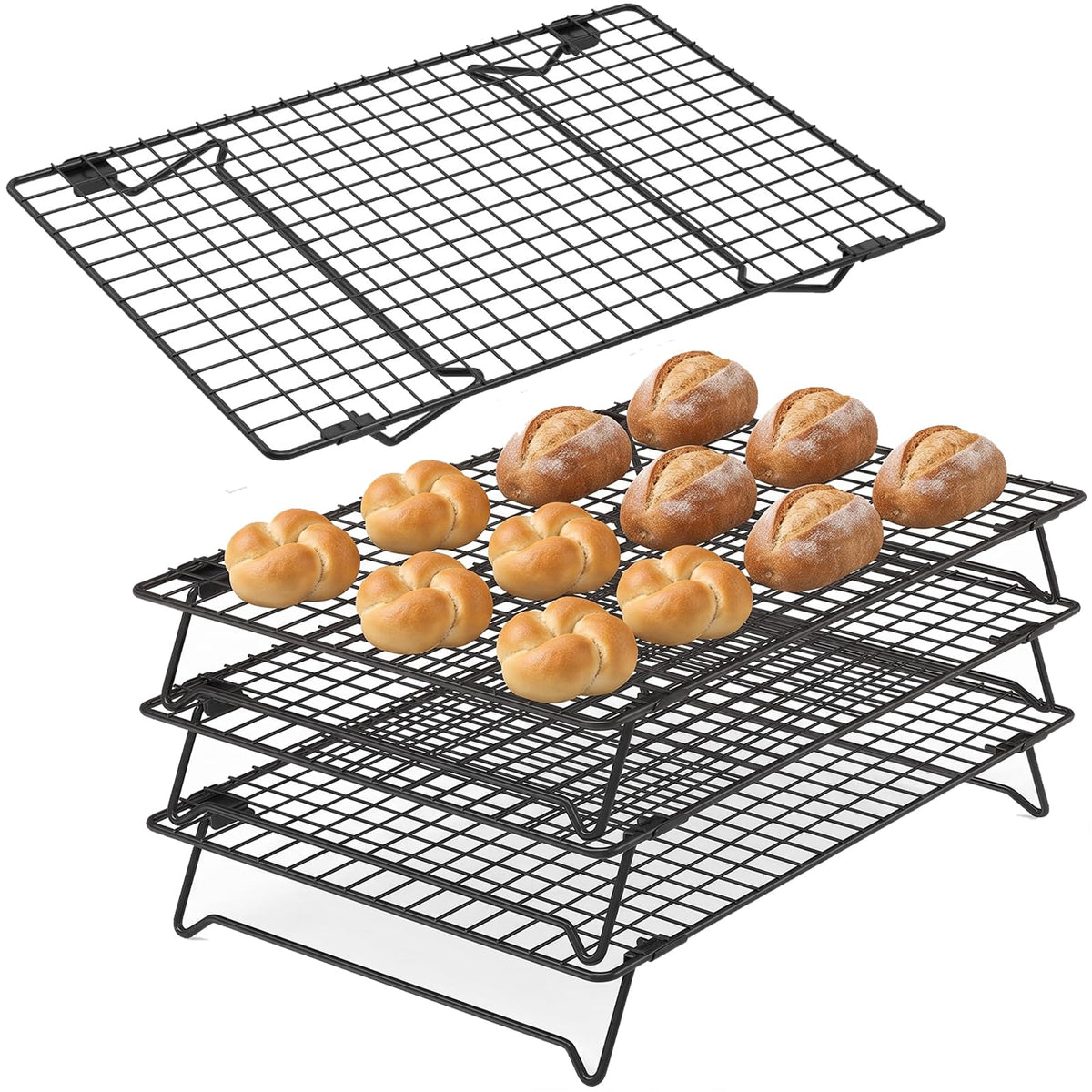 2 Pack Cooling Racks for Cooking and Baking, 13.4 x 9.4 Inch 2-Tier Stackable Cookie Cooling Rack Tall Baking Racks, Carbon Steel Roasting Wire Rack for Baking, Grilling Making Jerky (Black)