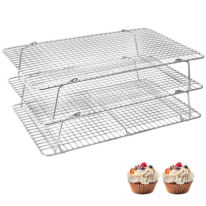 Pleafind Stackable Cooling Rack Set - 3 Pieces 16 x 10 Inch Stainless Steel Roasting Rack, Heavy Duty Cooling Racks for Cooking and Baking, Oven and Dishwasher Safe Bacon Rack, Black