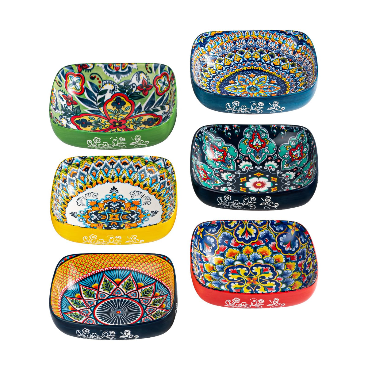 HENXFEN LEAD Boho Ceramic Dipping & Snack Bowls Set of 6, 8 oz Square Bowls