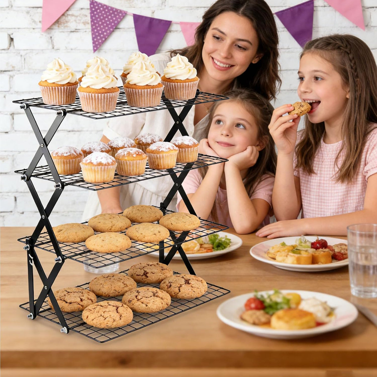 4-Tier Collapsible Cooling Rack with 3-Setting Design, Heavy-Duty Steel Baking Rack for Oven Safe Cooking & Space-Saving Storage