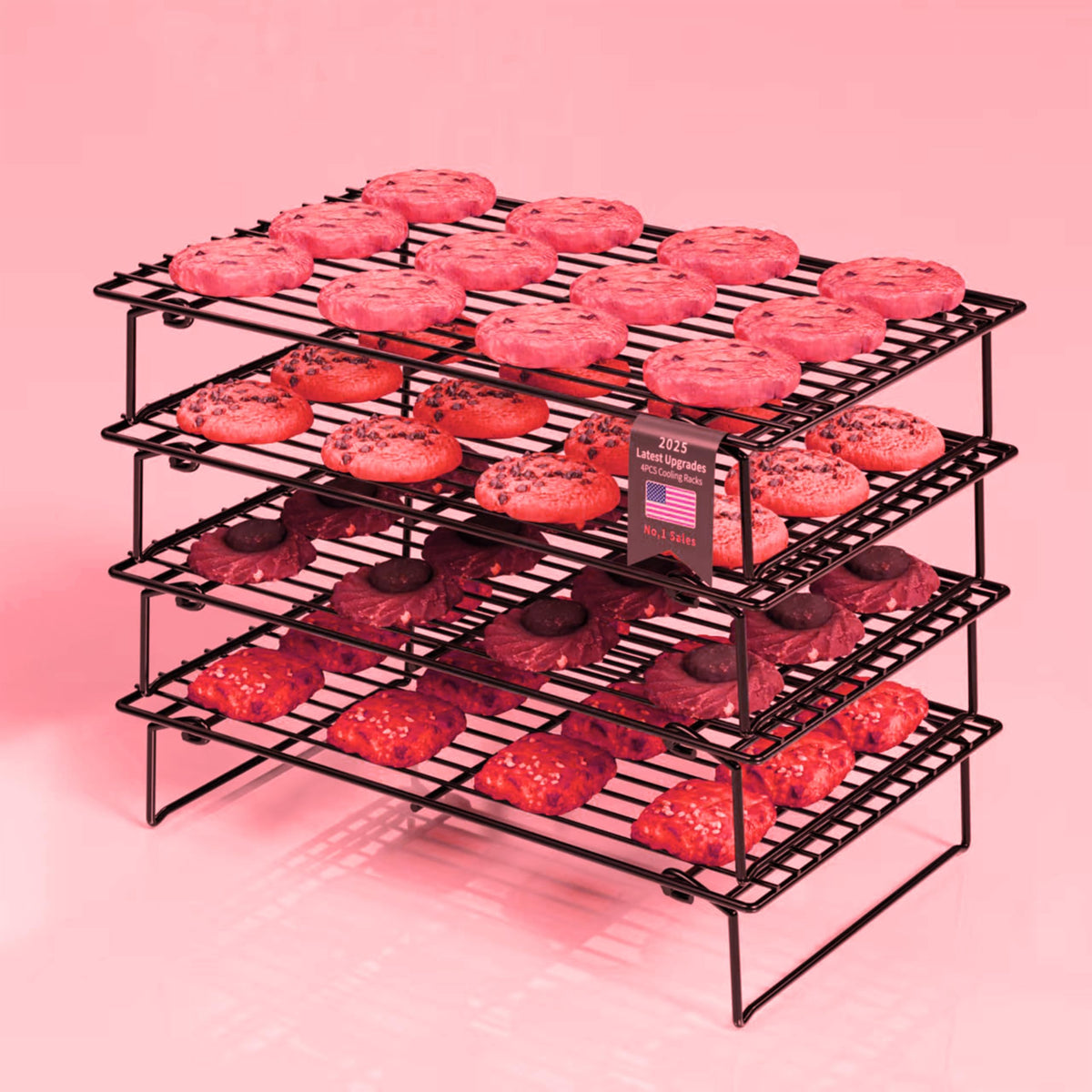 4PCS Cooling Racks for Cooking and Baking, Collapsible 4 Tiers 10"X16" Cool Batches of Cookies, Non-Stick & BPA-Free, Oven and Dishwasher Safe (Black-202)