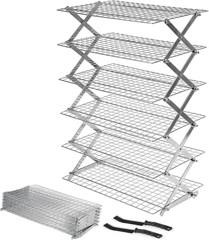 6 Tier Upgraded Collapsible Cooling Rack with Adjustable 3 Setting Design, Stackable Baking Rack with Clean Brush, Roasting Cooking Drying Wire Cooling Rack for Cookies Baking Roasting ＆ Grilling