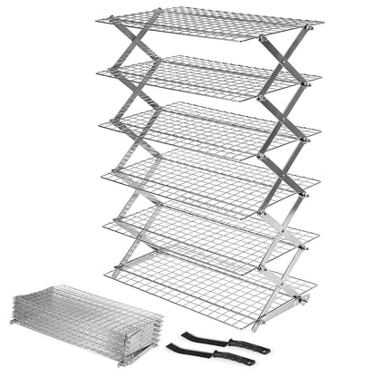 6 Tier Upgraded Collapsible Cooling Rack with Adjustable 3 Setting Design, Stackable Baking Rack with Clean Brush, Roasting Cooking Drying Wire Cooling Rack for Cookies Baking Roasting ＆ Grilling