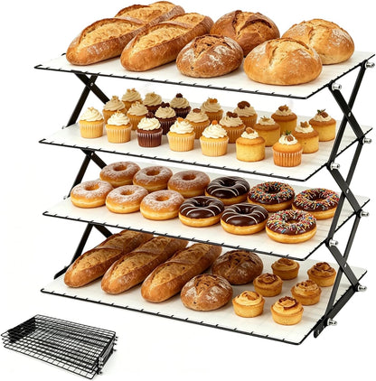 4 Tier Cooling Rack, Collapsible Cooling Racks for Cooking and Baking, Adjustable Cookie Wire Cooling Rack with 20 Sheets Parchment Paper, Baking Gifts for Homemade Bakers