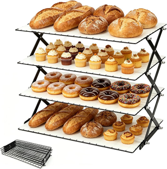 4 Tier Cooling Rack, Collapsible Cooling Racks for Cooking and Baking, Adjustable Cookie Wire Cooling Rack with 20 Sheets Parchment Paper, Baking Gifts for Homemade Bakers