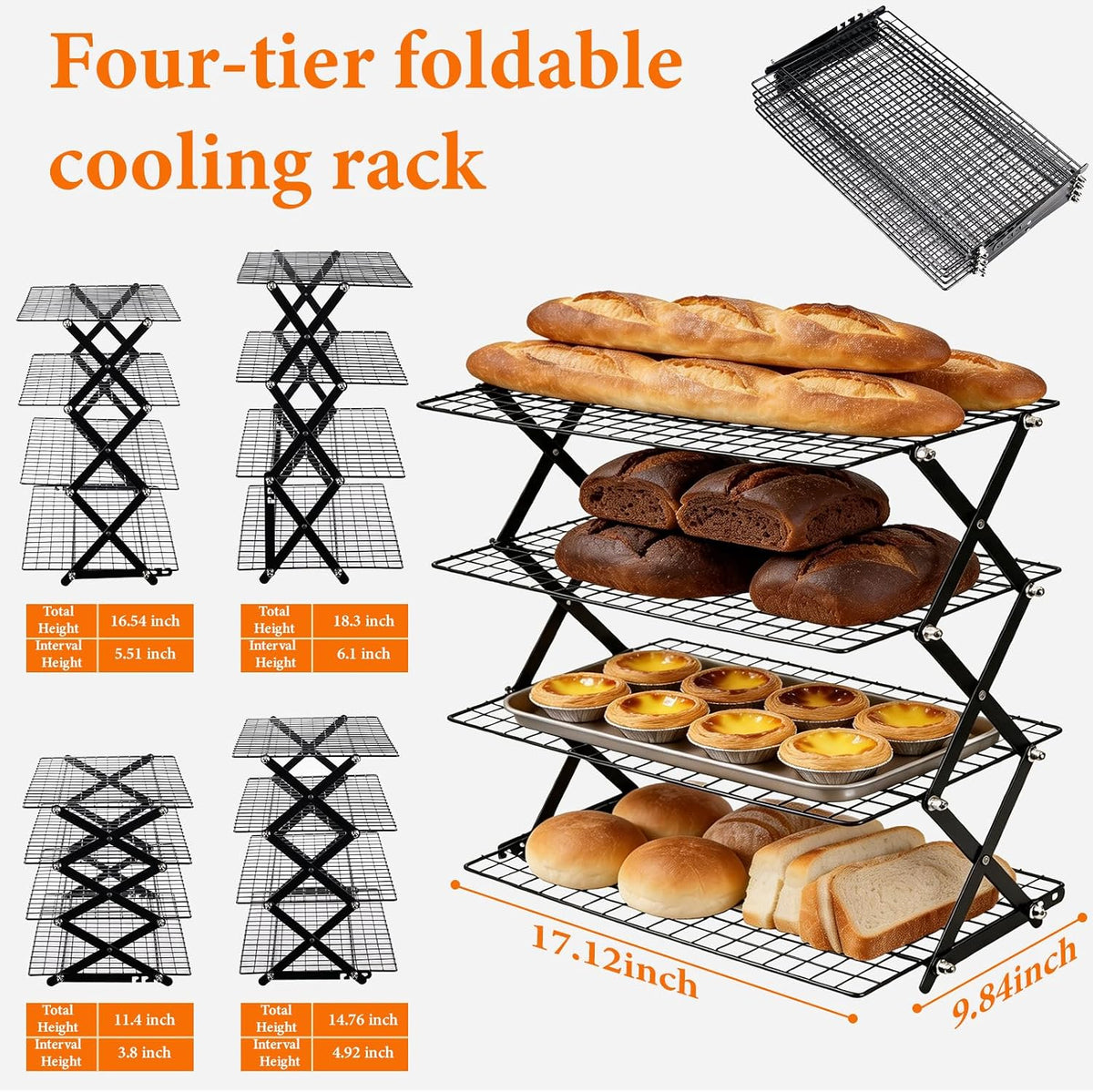 4 Tier Collapsible Wire Cooling Rack, Adjustable Stackable Baking Rack