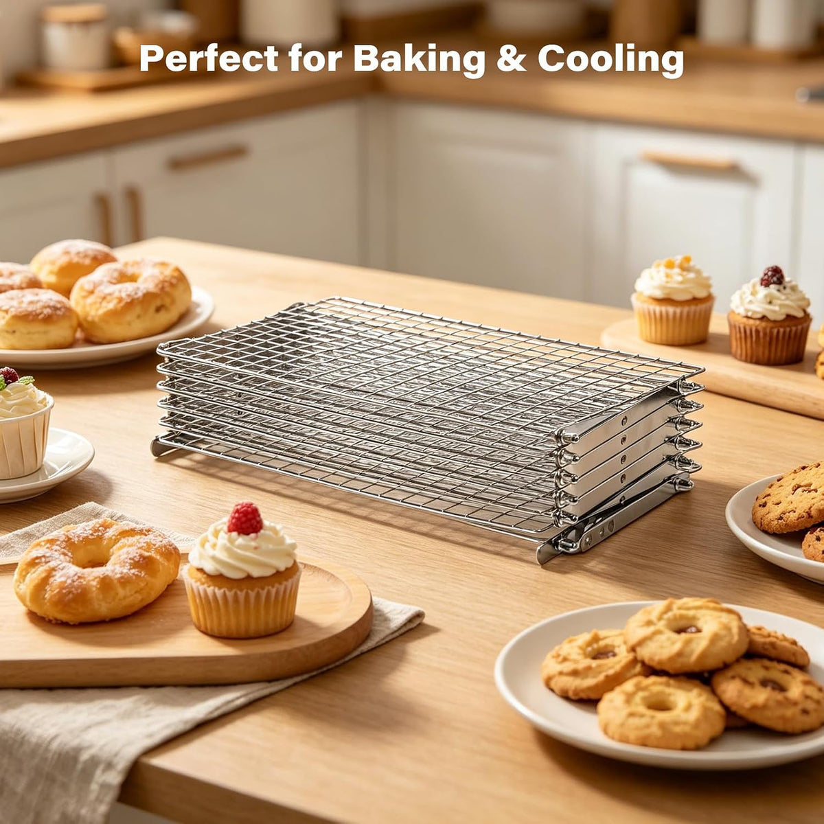 6 Tier Upgraded Collapsible Cooling Rack with Adjustable 3 Setting Design, Stackable Baking Rack with Clean Brush, Roasting Cooking Drying Wire Cooling Rack for Cookies Baking Roasting ＆ Grilling
