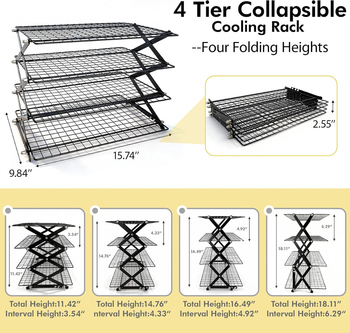 4 Tier Collapsible Cooling Rack for Baking, Adjustable cooling Rack