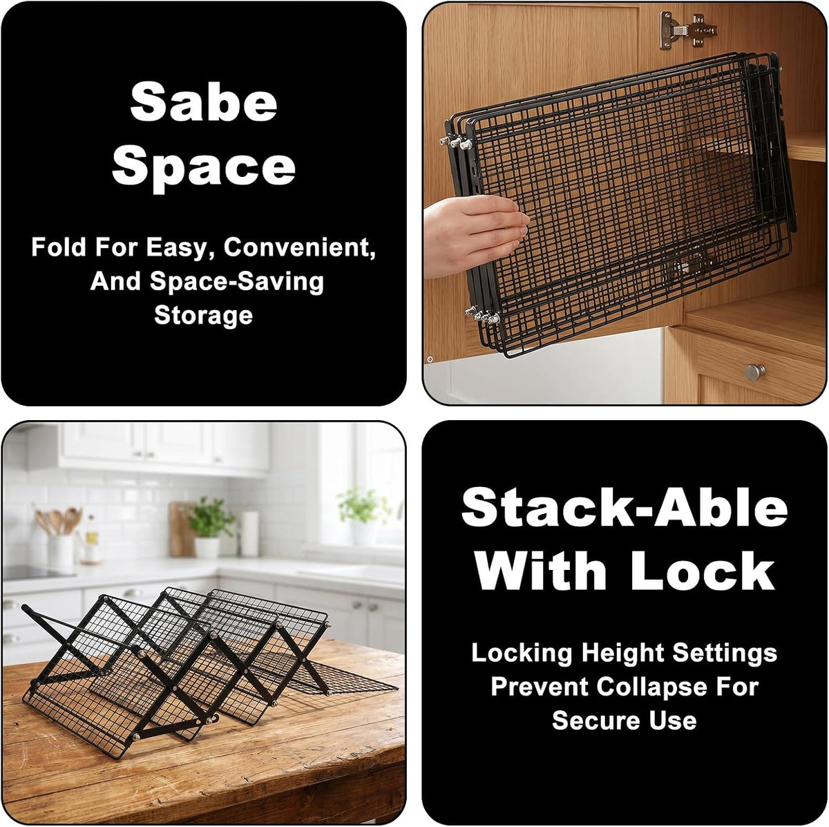 4 Tier Cooling Rack Adjustable Stackable Non-Stick Wire Rack Stainless Steel Baking Racks with Leak-Proof Mesh X-Shaped Structure for Roasting Cooking Cookies Cakes Drying Picnic Party