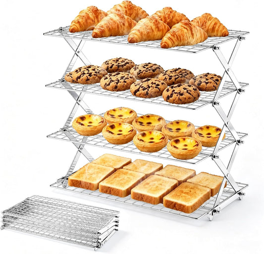 P&P CHEF 4 Tier Collapsible Cooling Racks,Stackable Bakers Rack,Silver