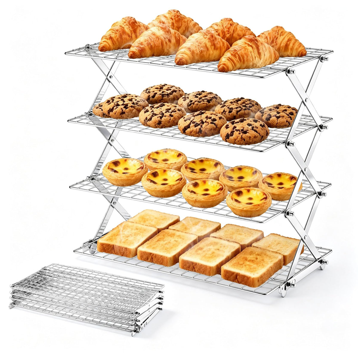 P&P CHEF 4 Tier Collapsible Cooling Racks,Stackable Bakers Rack,Silver