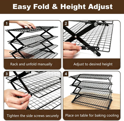 4 Tier Cooling Rack, Collapsible Cooling Racks for Cooking and Baking, Adjustable Cookie Wire Cooling Rack with 20 Sheets Parchment Paper, Baking Gifts for Homemade Bakers