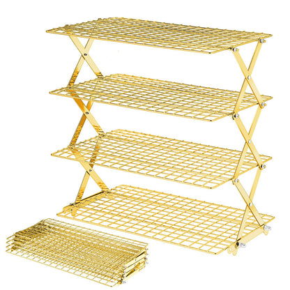BEWOS 4 Tier Collapsible Cooling Rack - Adjustable Stainless Steel Baking Rack with Leak-Proof Mesh, X-Shaped Structure Cooling Rack for Cooking and Baking, Dishwasher Safe